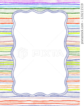 Hand-drawn wavy frame on a bright striped background. Geometric layout with squiggly border for creative design, advertising, or text. Abstract template for print or digital projects. 128211519