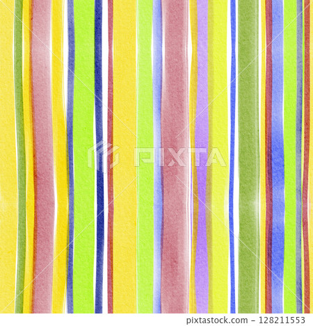 Seamless striped colorful watercolor pattern with abstract lines. Ideal for textile, wallpaper, wrapping, and surface design. Hand drawn texture for prints, backgrounds, and decor elements. 128211553