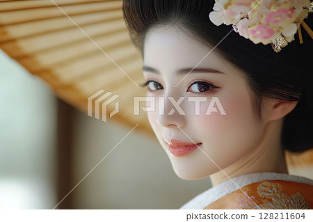 Portrait of a young attractive Chinese woman in traditional Chinese clothing. Generated by artificial intelligence Portrait of a young attractive Chinese woman in traditional Chinese clothing. Generated by artificial intelligence 128211604
