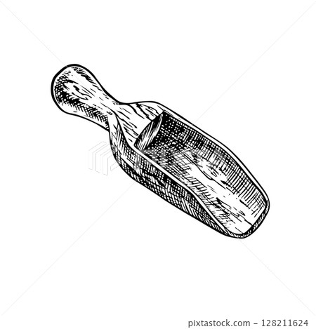 Wooden spatula for cereals and dry products. Vector black and white illustration on a white background. Design element for menus, recipes, and cookbooks. For banners, packaging, labels, and more. 128211624