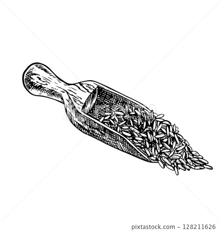 A wooden spatula filled with rice, wheat, oats, or rye. A black and white vector illustration. Design element for menus, recipes, and cookbooks, for banners, flyers, packaging, labels, and more. 128211626