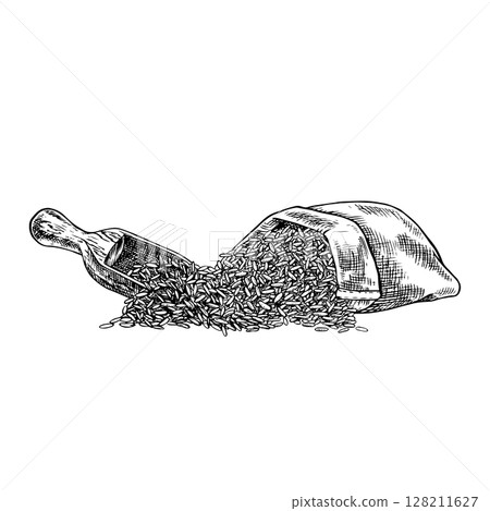 A linen bag of rice or oats, wheat or rye with a wooden scoop. Black and white graphics, vector illustrations. Design element for menus, recipes, and cookbooks. For packaging, labels, and more 128211627