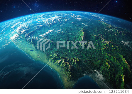 Realistic photo of planet Earth with South America, Andes and Amazon forests in view. Blue space background with stars. Generated by artificial intelligence 128211684