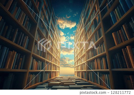 Library in the sky. The road to heaven is surrounded by tall shelves full of books. Concept of gaining knowledge. 128211772