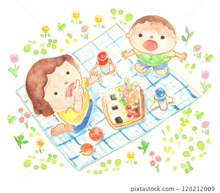 Watercolor illustration of kids sitting on a picnic blanket and enjoying their lunch - Picnic scene 128212009