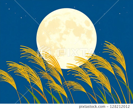 Autumn night sky: full moon and silver grass swaying in the wind, harvest moon 128212012