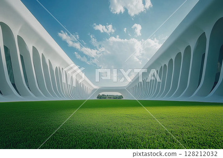 Modern sports stadium with white columns and lush green lawn on a sunny clear day. Stadium architecture. Modern sports stadium with white columns and lush green lawn on a sunny clear day. Stadium architecture. 128212032
