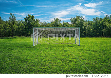 Football goal in a field against blue sky with clouds in the countryside. Generated by artificial intelligence Football goal in a field against blue sky with clouds in the countryside. Generated by artificial intelligence 128212033