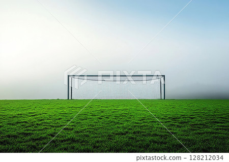 Football field, football goal,Football goals on green grass in a field on a very foggy morning. deflated ball and cloudy sky. Generated by artificial intelligence Football field, football goal,Football goals on green grass in a field on a very foggy morning. deflated ball and cloudy sky. Generated by artificial intelligence 128212034