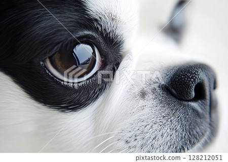 Close-up of a black and white pug with brown eyes. Close-up of a dog's eye. Close-up of a black and white pug with brown eyes. Close-up of a dog's eye. 128212051