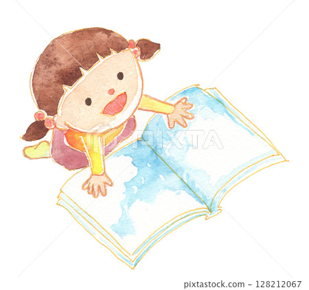 Watercolor illustration of a girl looking at a picture book 128212067