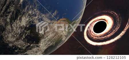 Planet Earth floats in the foreground, rich with atmospheric detail, while a radiant black hole looms nearby. Planet Earth floats in the foreground, rich with atmospheric detail, while a radiant black hole looms nearby. 128212105