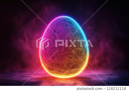 A neon glowing egg surrounded by light smoke. Easter egg installation. Generated by artificial intelligence 128212118