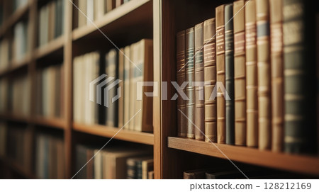 A collection of classic and modern books neatly lined on polished wooden shelves, showcasing refined elegance in a luxury living space 128212169