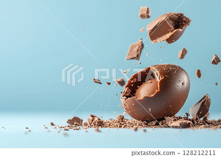 Delicious chocolate egg. Cracked chocolate egg in flight on a blue background. Surprise for children's parties, chocolate egg shells 128212211