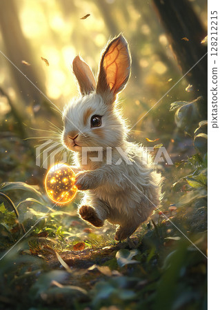 A white fluffy rabbit runs with an Easter glowing egg in a magical forest on a sunny day. Generated by artificial intelligence 128212215