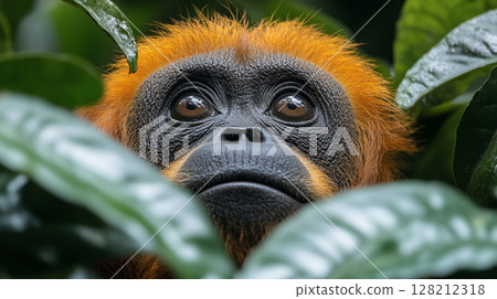 Orangutan face peering through rainforest leaves, close-up of endangered primate with orange fur and expressive eyes in natural habitat Orangutan face peering through rainforest leaves, close-up of endangered primate with orange fur and expressive eyes in natural habitat 128212318