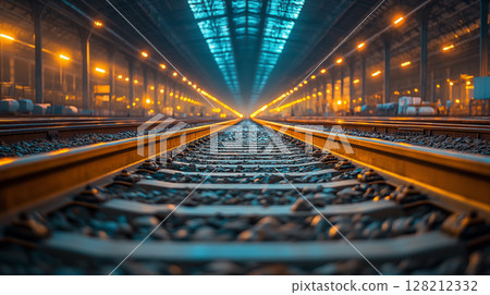 Railway tracks extending through illuminated train station at night, transportation infrastructure with perspective view of modern public transit hub 128212332
