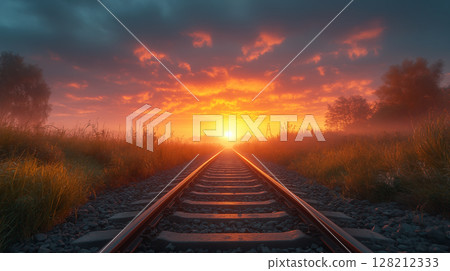 Railway tracks stretching toward sunset with golden light reflecting on rails, journey concept in rural countryside landscape 128212333