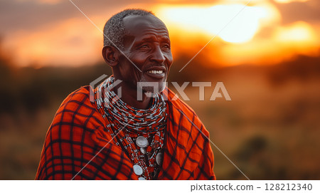 Senior African man wearing traditional Maasai beaded jewelry smiling at golden sunset, cultural heritage and authentic tribal portrait 128212340