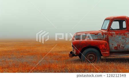 Vintage pickup truck abandoned in golden wheat field with foggy rural landscape, rustic transportation concept in countryside setting 128212349