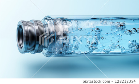Water bottle connector with bubbles flowing through transparent pipe, clean water filtration system concept for environmental sustainability 128212354