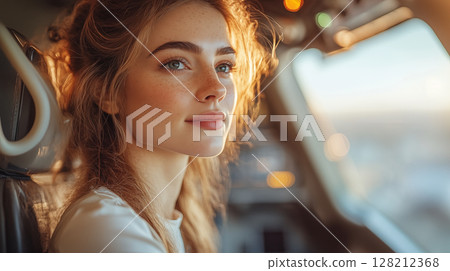 Young woman with freckles sitting in car illuminated by golden sunlight, peaceful contemplative moment during travel journey 128212368