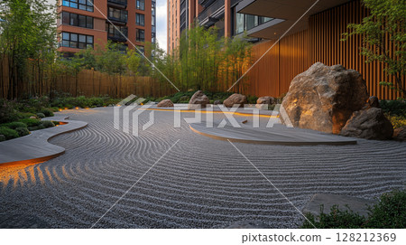 Zen garden with raked sand patterns and natural stones surrounded by modern apartment buildings, urban meditation space concept 128212369
