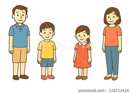圖：一個微笑的家庭並肩站著，一個由父母和兩個孩子組成的幸福家庭 128212420