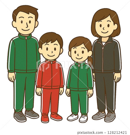 一家四口的插圖,父母和孩子穿著球衣並肩站著 一家四口的插圖,父母和孩子穿著球衣並肩站著 128212421
