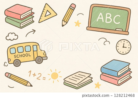 A playful hand-drawn illustration of a school scene with doodles of books, pencils, rulers, school bus, and blackboard. Top-down layout with plenty of empty space in the center or sides for text. 128212468