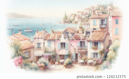 Pastel coastal village watercolor in soft tones, charming Mediterranean homes in summer light and tranquil setting Pastel coastal village watercolor in soft tones, charming Mediterranean homes in summer light and tranquil setting 128212575