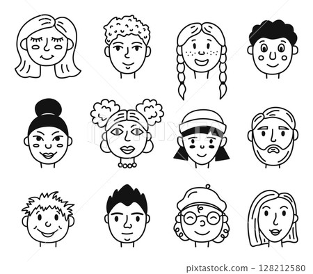 Set of different people avatars for social media. Hand drawn face portraits. Doodle sketch style. Isolated vector illustration. Set of different people avatars for social media. Hand drawn face portraits. Doodle sketch style. Isolated vector illustration. 128212580