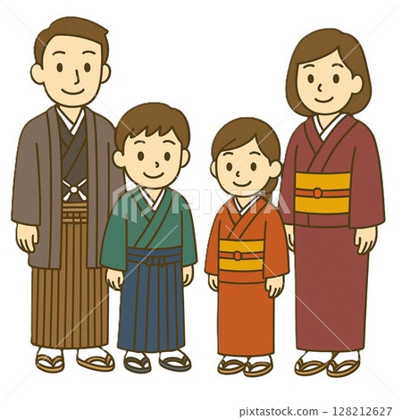 圖:一家人身著日本傳統服裝、和服和袴,並肩站在一起 圖:一家人身著日本傳統服裝、和服和袴,並肩站在一起 128212627