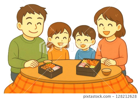 圖:一家人圍坐在被爐旁,微笑著享用新年美食 圖:一家人圍坐在被爐旁,微笑著享用新年美食 128212628