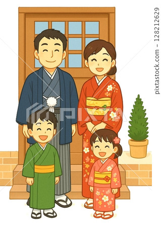 一幅插圖描繪了一個陽光明媚的日子，一家人穿著和服在前門微笑 128212629