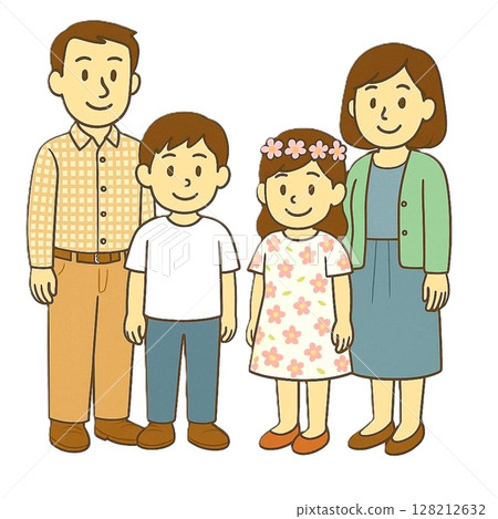 A spring-like illustration of a girl in a floral dress and her family in casual clothes 128212632