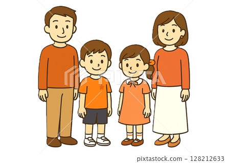 A bright and friendly illustration of a family dressed in orange 128212633
