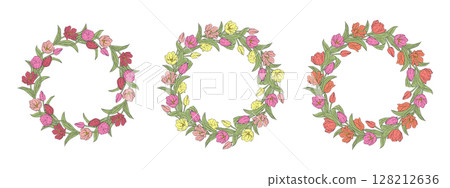Pink and yellow hand drawn line art tulip flowers and leaves wreath set isolated on white background 128212636