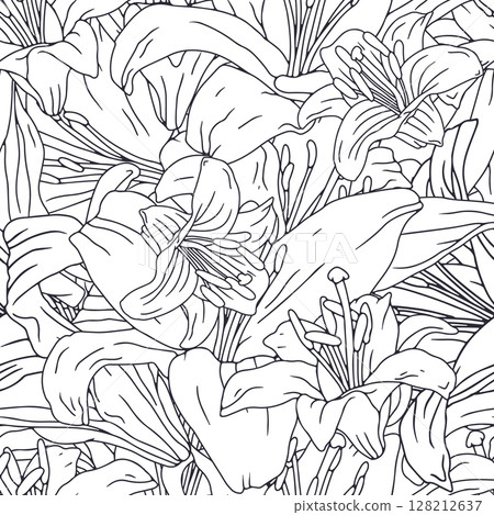 Black and white line art vintage seamless pattern with hand drawn lily flowers 128212637