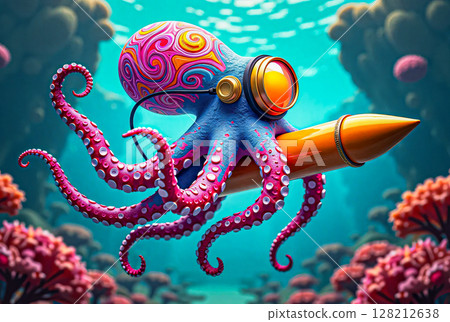 An octopus riding a torpedo. A colorful octopus hugs a yellow torpedo. 128212638