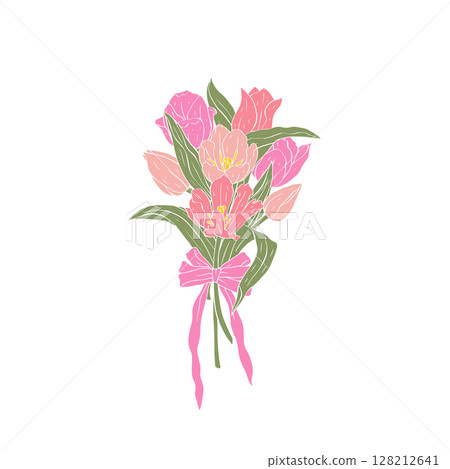 Beautiful hand drawn pink tulip flowers bouquet with fancy bow knot line art Beautiful hand drawn pink tulip flowers bouquet with fancy bow knot line art 128212641