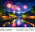 A fantastic summer night with fireworks reflected on the river and a Japanese-style townscape 128212795