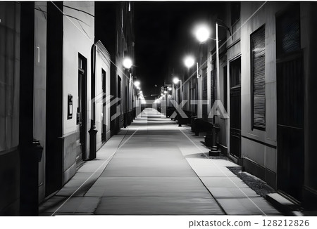 An alley at night with endless street lights 128212826