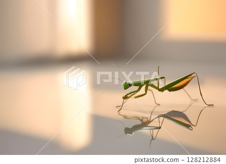 螳螂在陽光下驕傲地站在地板上 128212884