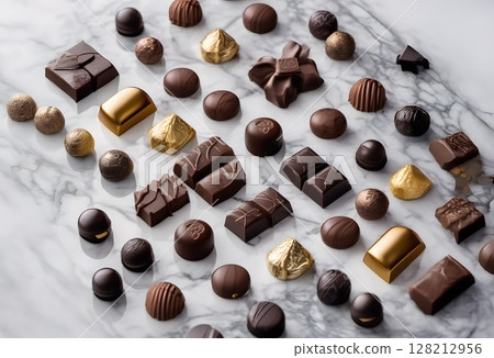 Assortment of luxury chocolates arranged on marble 128212956