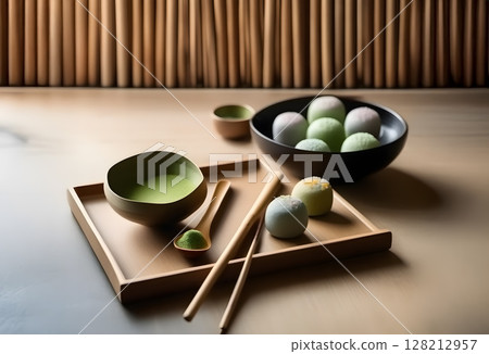 A minimalist harmony of matcha and Japanese sweets 128212957