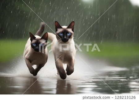 暹羅貓兄弟在雨中奔跑 128213126