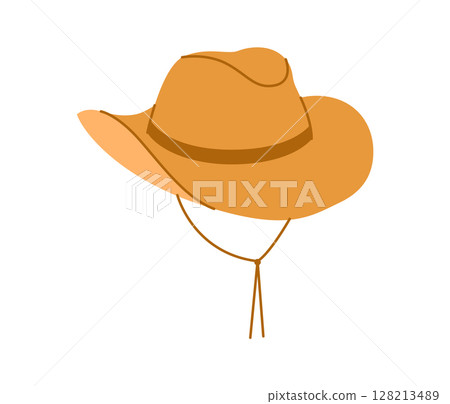 Cowboy Hat with Toggle Chin Strap. Head Fashion accessory cap with wide brim clothing technical illustration. 128213489