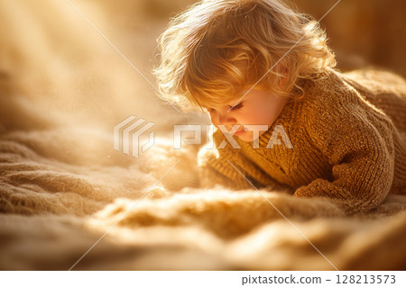 Adorable Baby Crawling on Cozy Blanket in Soft Natural Light with Gentle Warm Tones 128213573